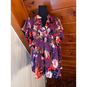 Entro Abstract Printed Pintuck Butterfly Sleeve Blouse sz L